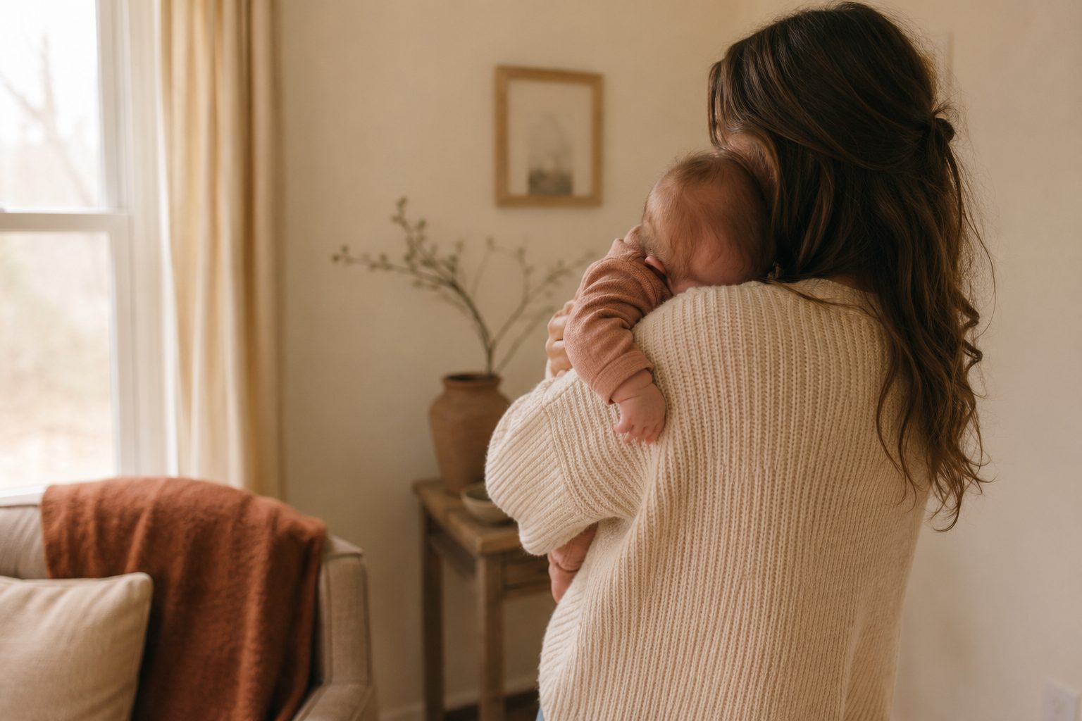 Dr. Taylor holding her baby against her shoulder by a sunlit window
