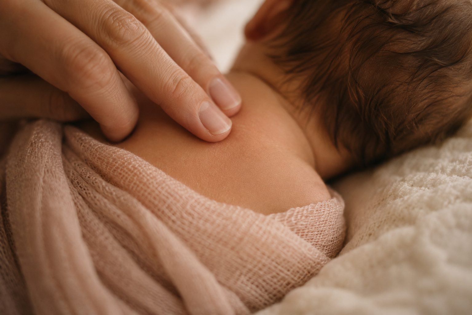 A single fingertip resting gently on a sleeping newborn's upper back